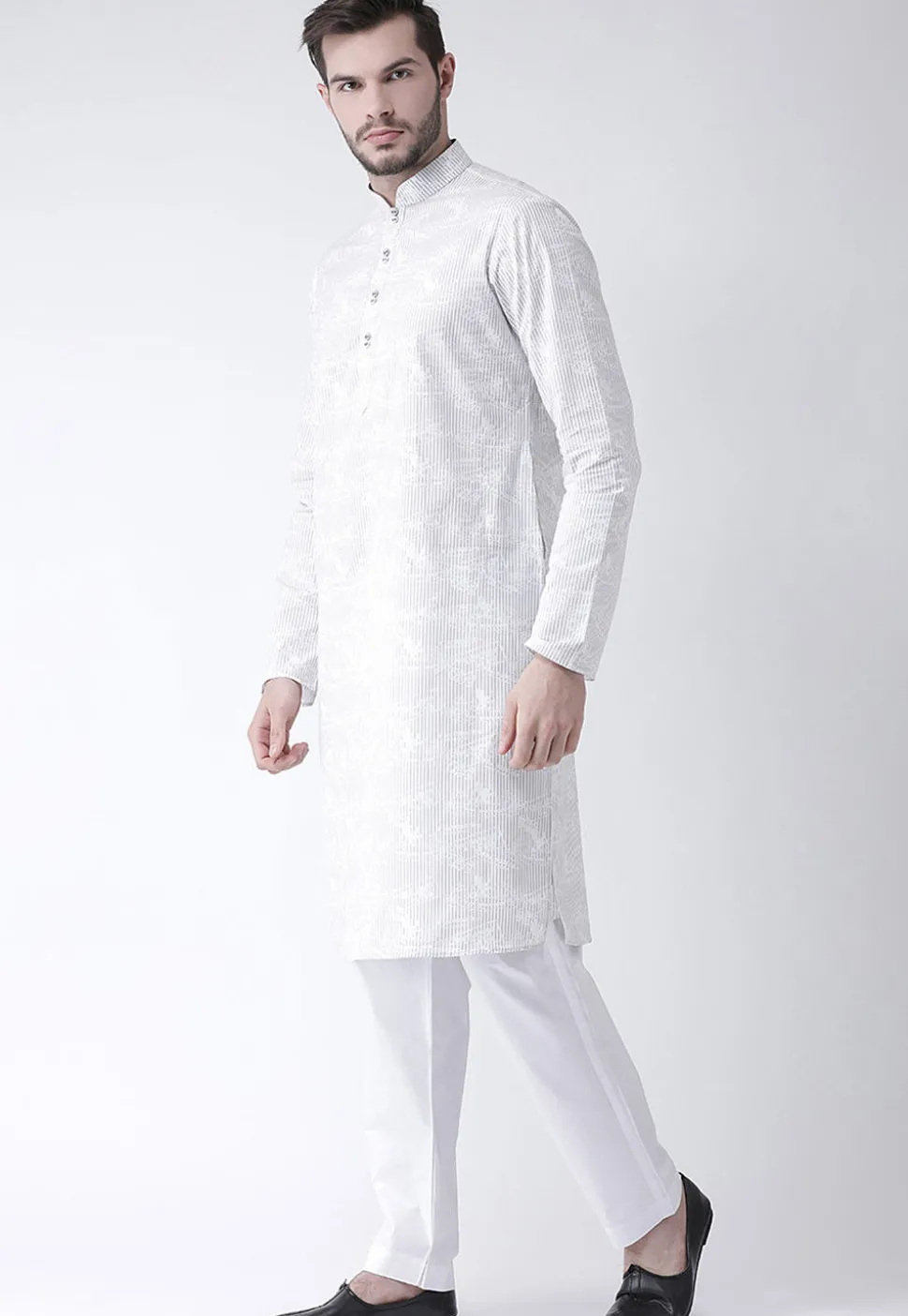 Printed Cotton Kurta Pajama in White