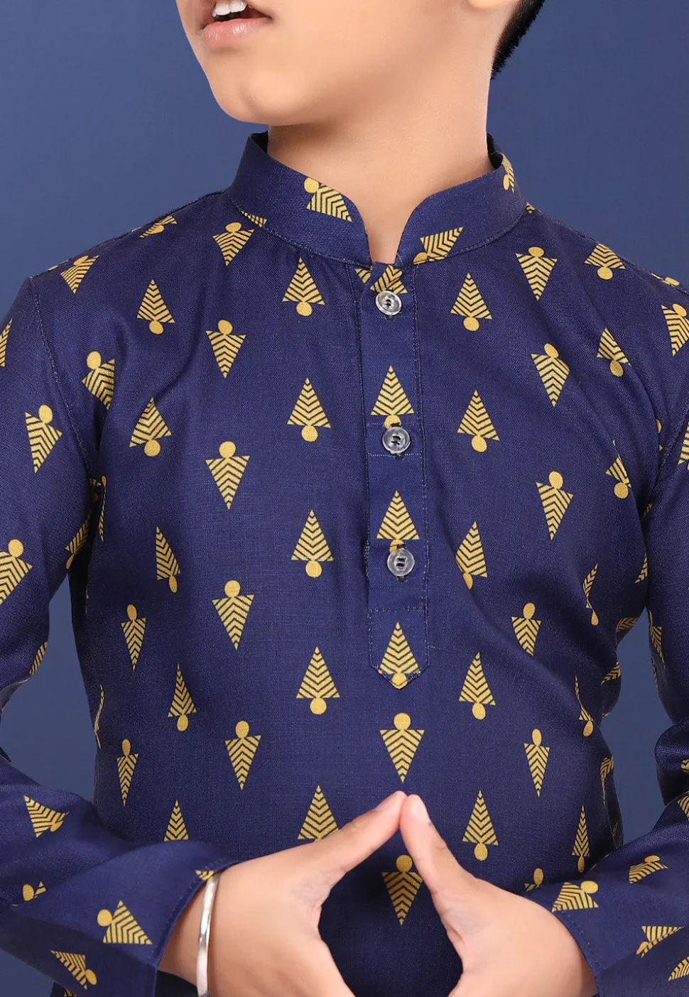 Printed Cotton Kurta Set in Navy Blue
