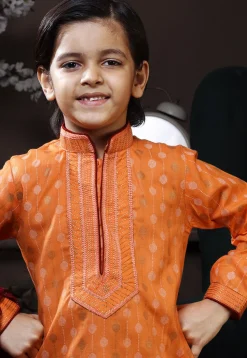 Printed Cotton Kurta Set in Orange