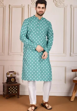 Printed Cotton Kurta Set in Sea Green
