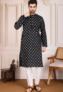 Printed Cotton Kurta Set in Black