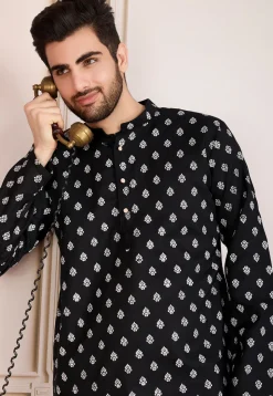 Printed Cotton Kurta Set in Black