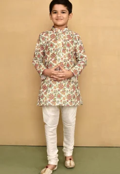 Printed Cotton Kurta Set in Off White