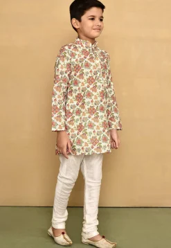 Printed Cotton Kurta Set in Off White