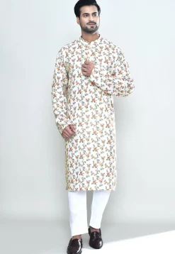 Printed Cotton Kurta Set in Off White