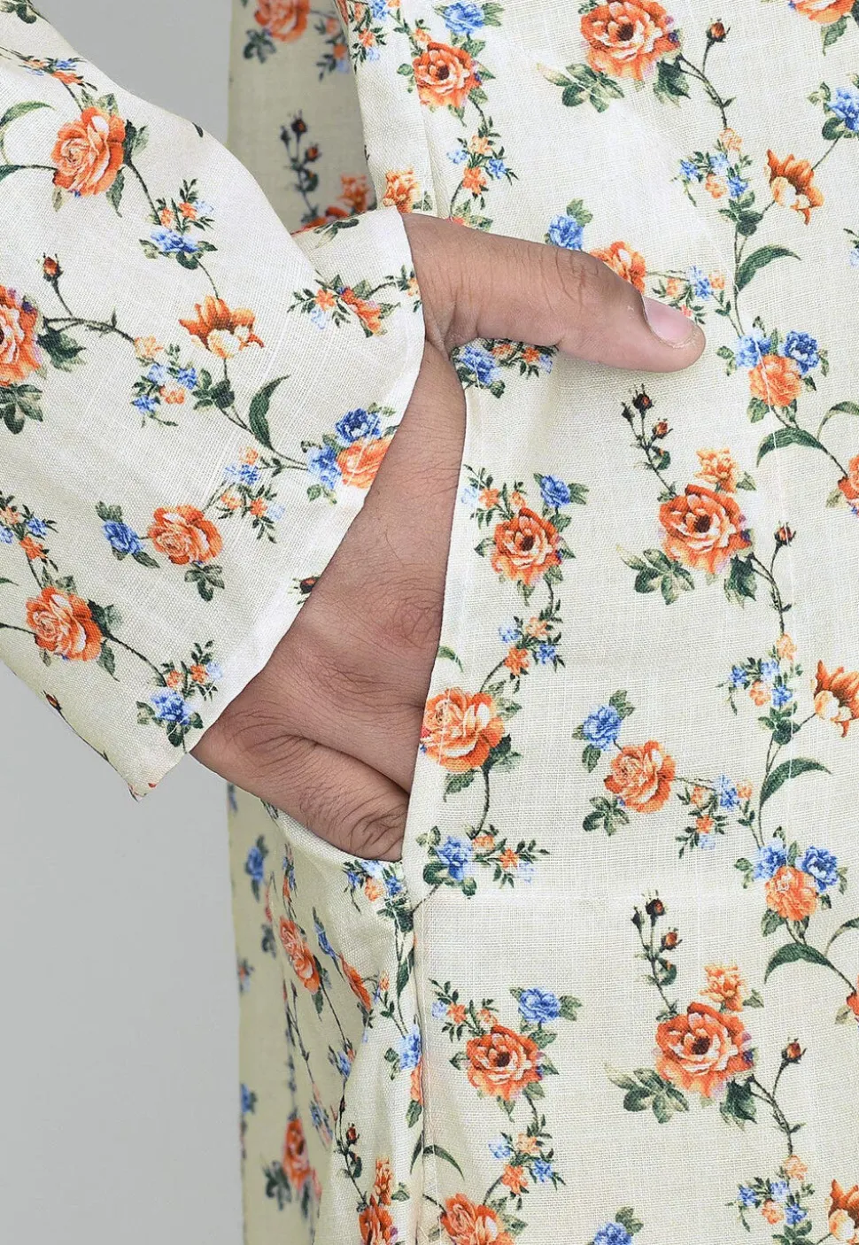 Printed Cotton Kurta Set in Off White