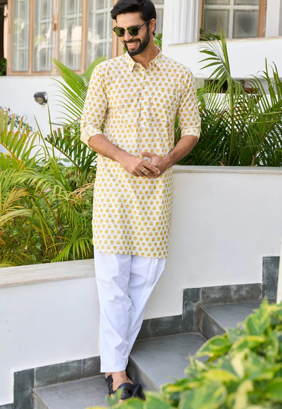 Printed Cotton Kurta Set in Off White