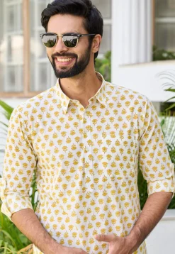 Printed Cotton Kurta Set in Off White