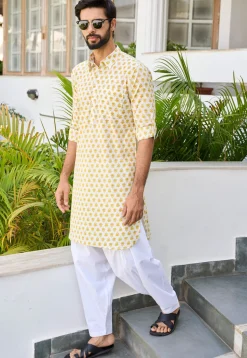 Printed Cotton Kurta Set in Off White
