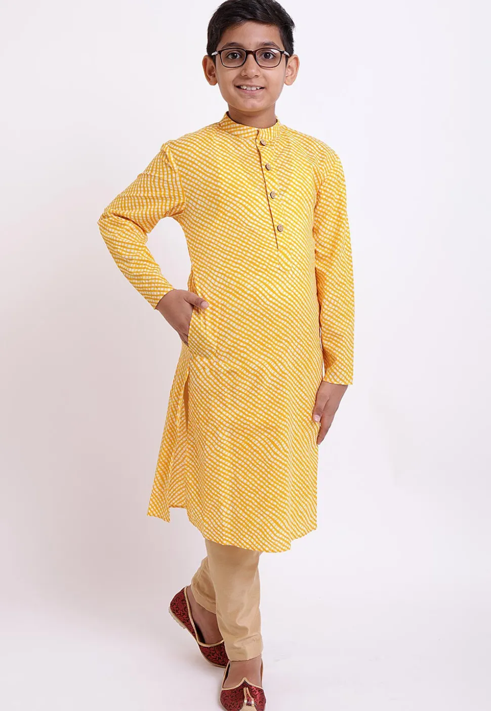 Printed Cotton Kurta Set in Yellow