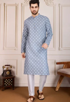 Printed Cotton Kurta Set in Grey