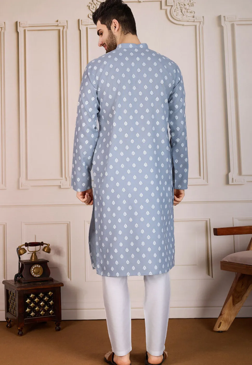 Printed Cotton Kurta Set in Grey