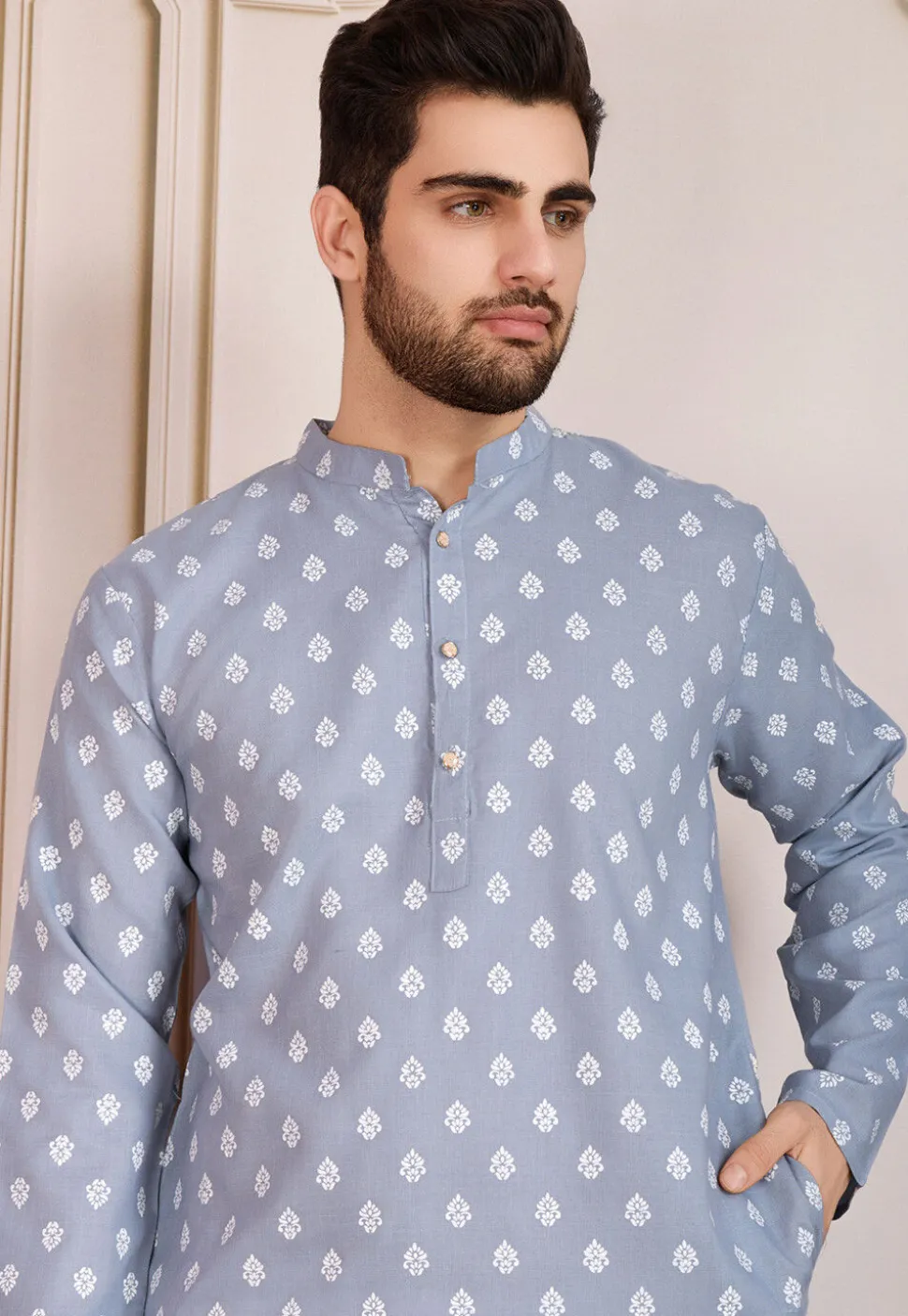 Printed Cotton Kurta Set in Grey
