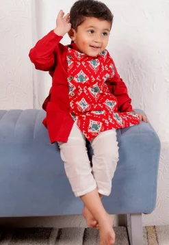 Printed Cotton Kurta Set in Red