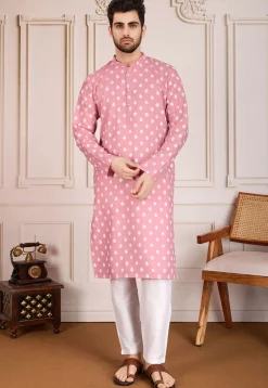 Printed Cotton Kurta Set in Pink