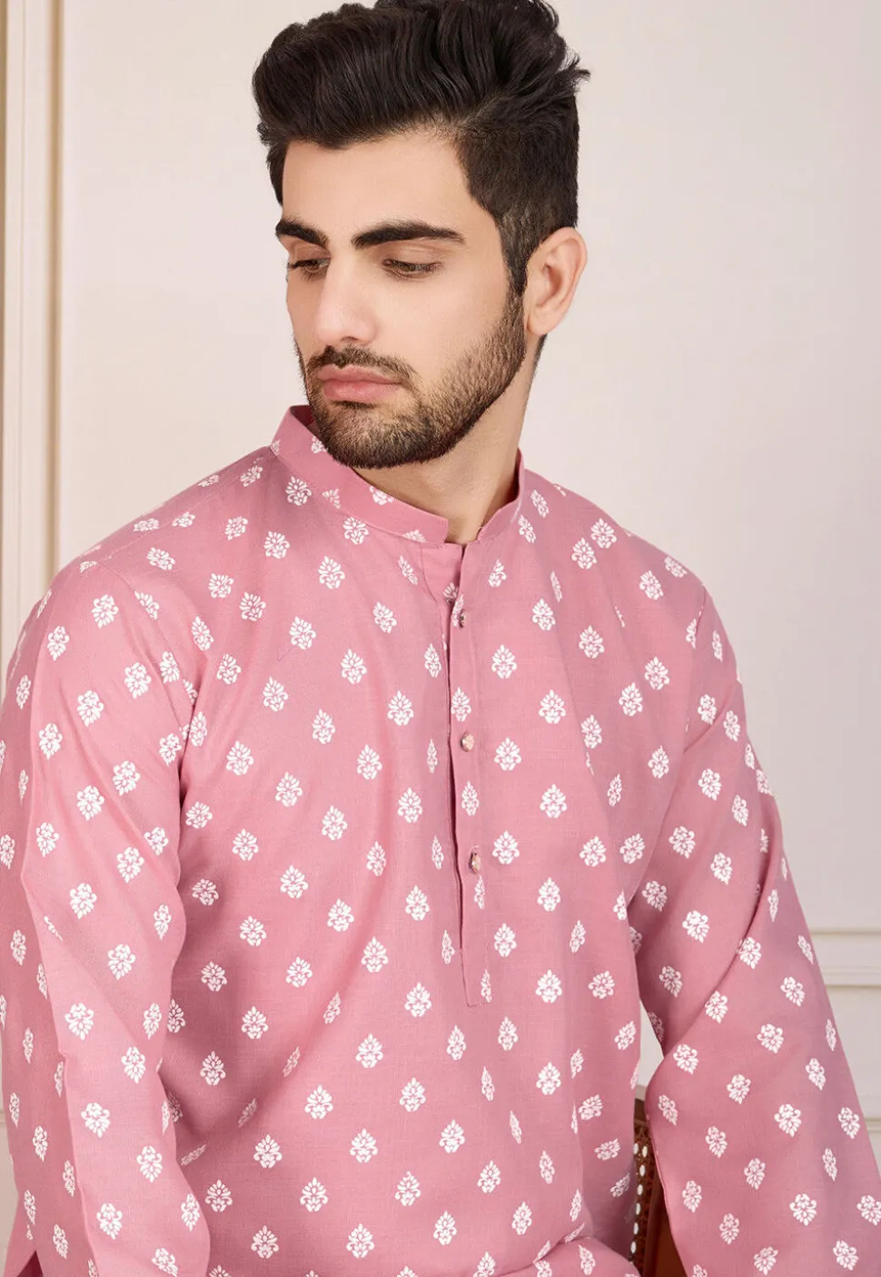 Printed Cotton Kurta Set in Pink