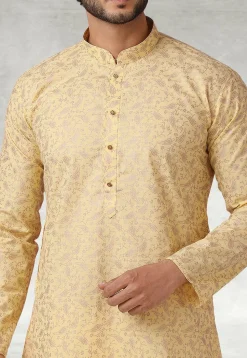 Printed Cotton Kurta Set in Yellow