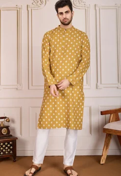 Printed Cotton Kurta Set in Mustard