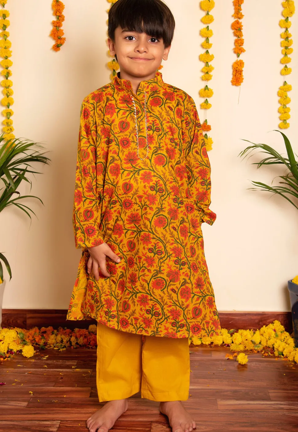 Printed Cotton Kurta Set in Mustard