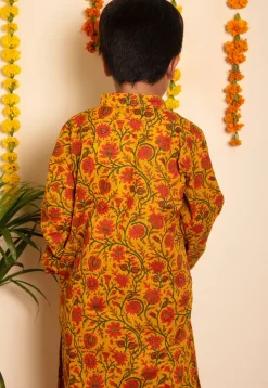 Printed Cotton Kurta Set in Mustard