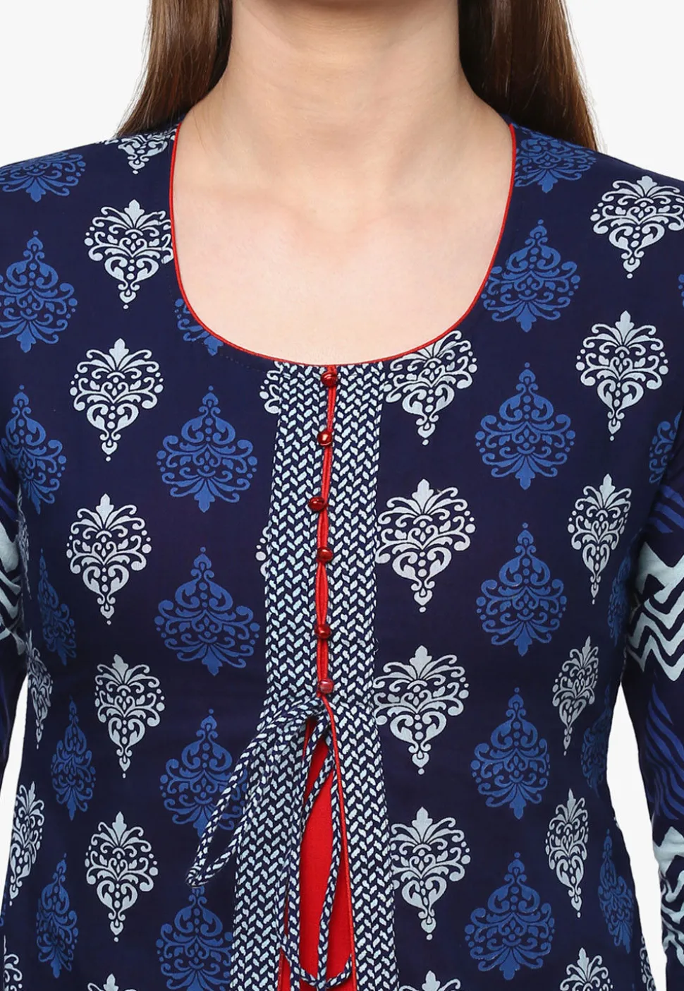 Printed Cotton Layered Kurta in Navy Blue and Red