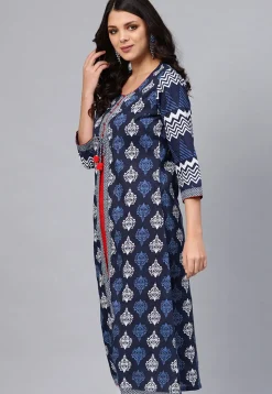 Printed Cotton Layered Kurta in Navy Blue and Red