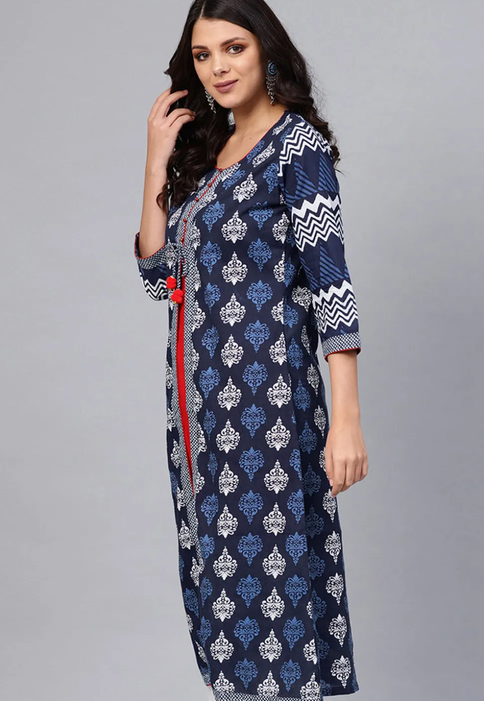 Printed Cotton Layered Kurta in Navy Blue and Red