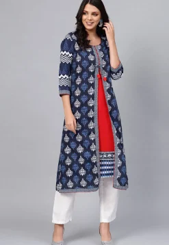 Printed Cotton Layered Kurta in Navy Blue and Red