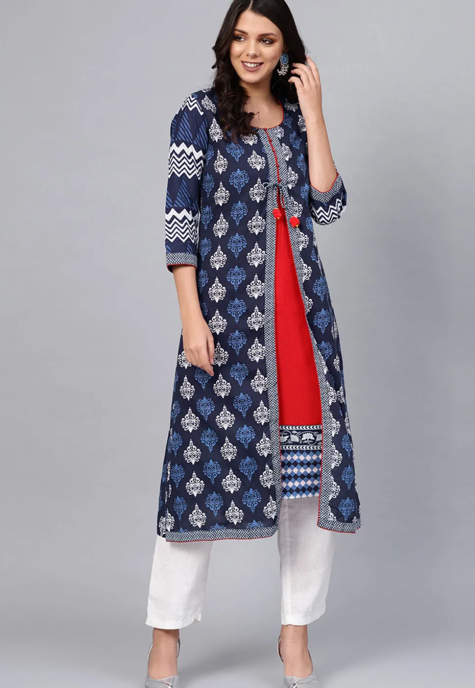 Printed Cotton Layered Kurta in Navy Blue and Red