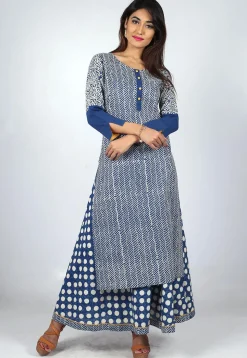 Printed Cotton Layered Long Kurta in Blue