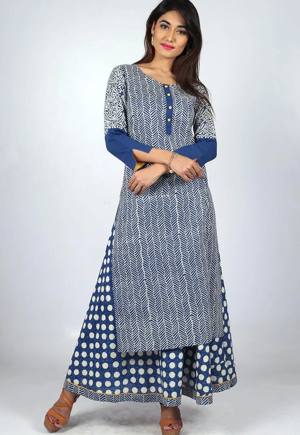 Printed Cotton Layered Long Kurta in Blue