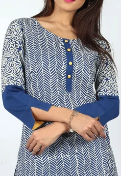 Printed Cotton Layered Long Kurta in Blue