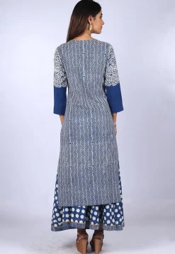 Printed Cotton Layered Long Kurta in Blue