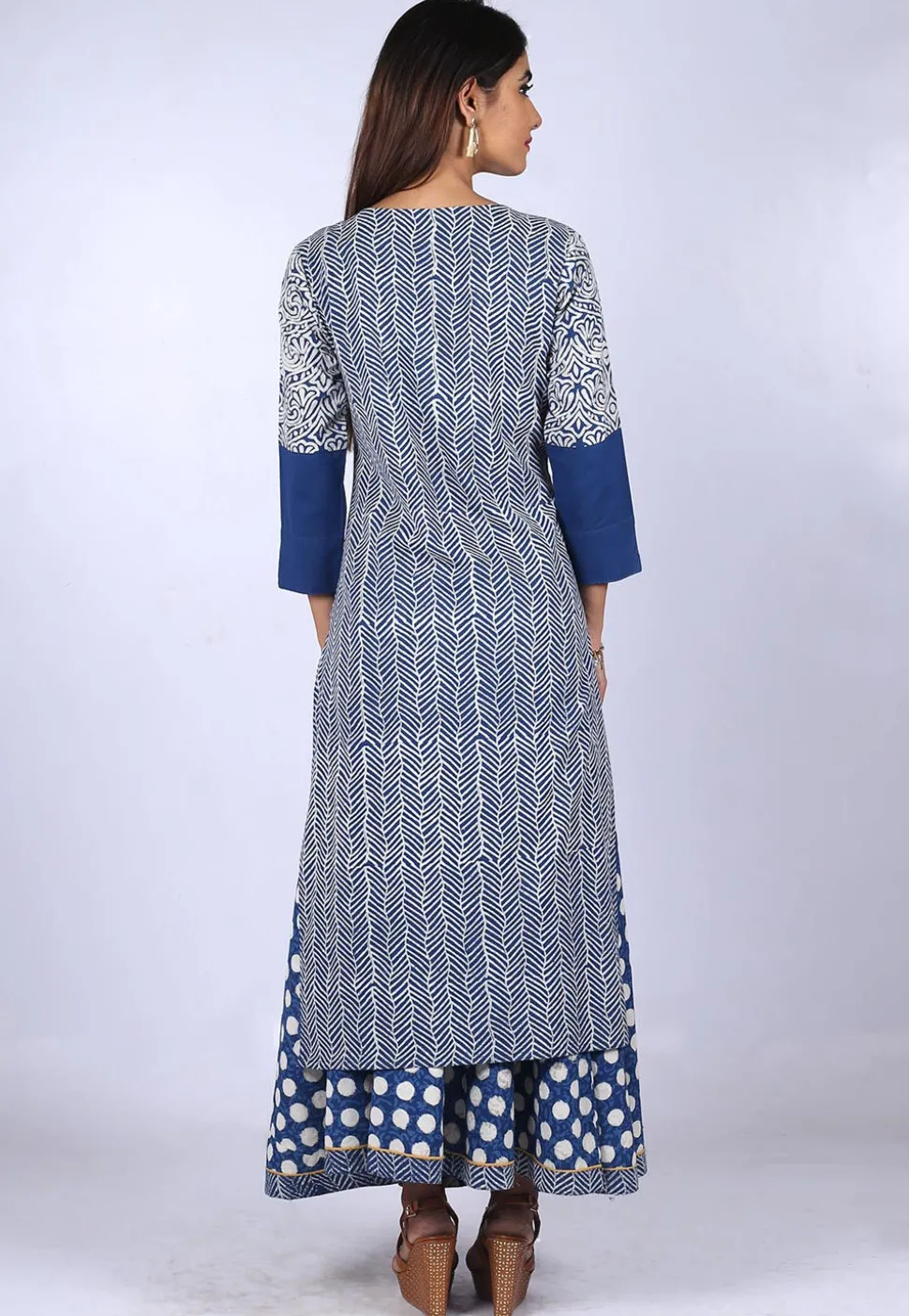 Printed Cotton Layered Long Kurta in Blue