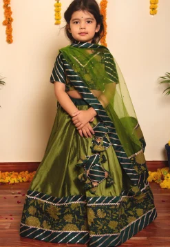 Printed Cotton Lehenga in in Olive Green