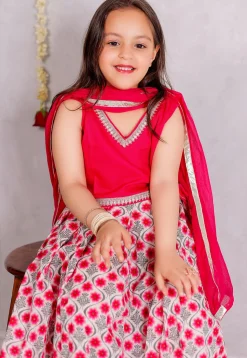 Printed Cotton Lehenga in Off White