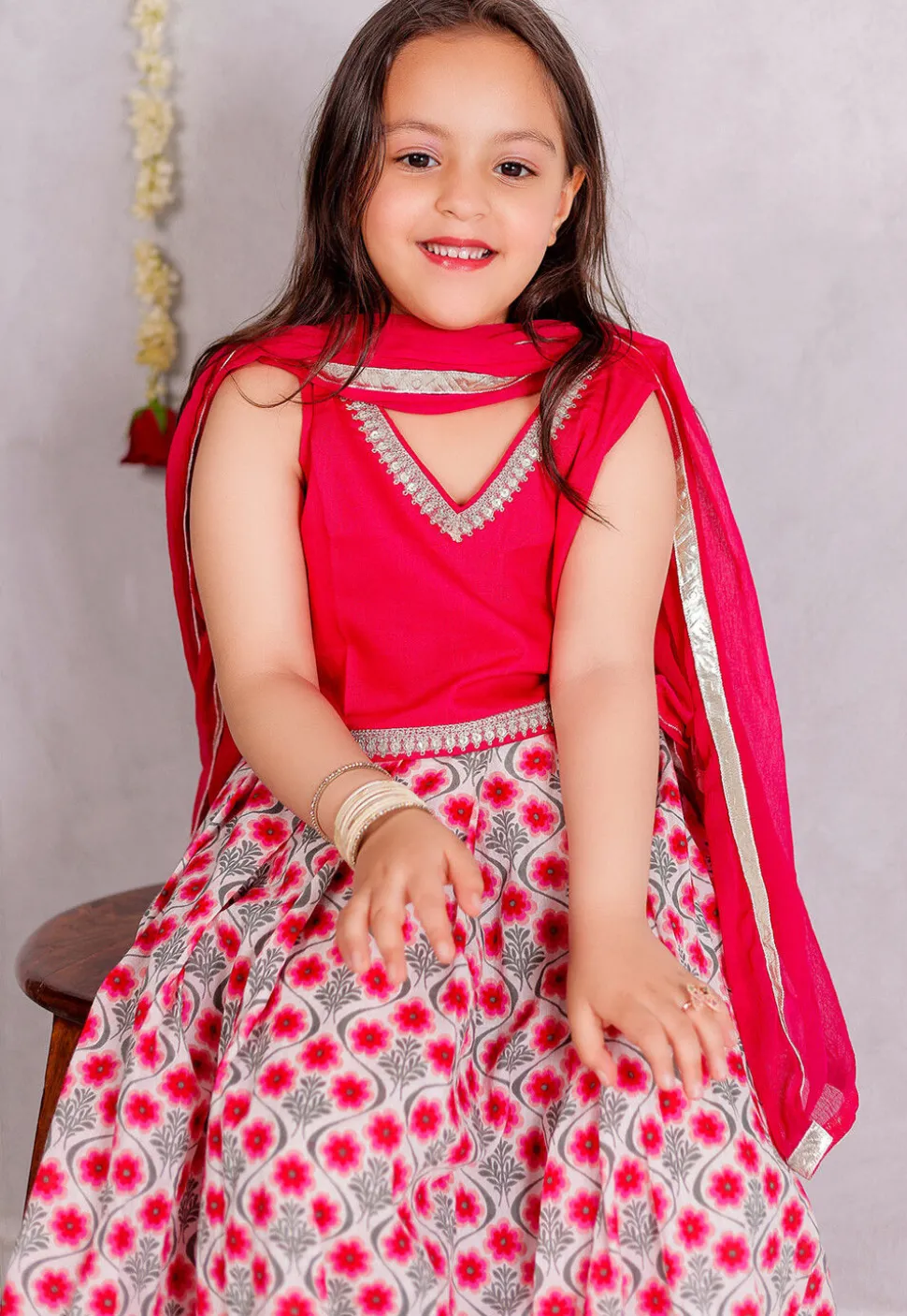Printed Cotton Lehenga in Off White