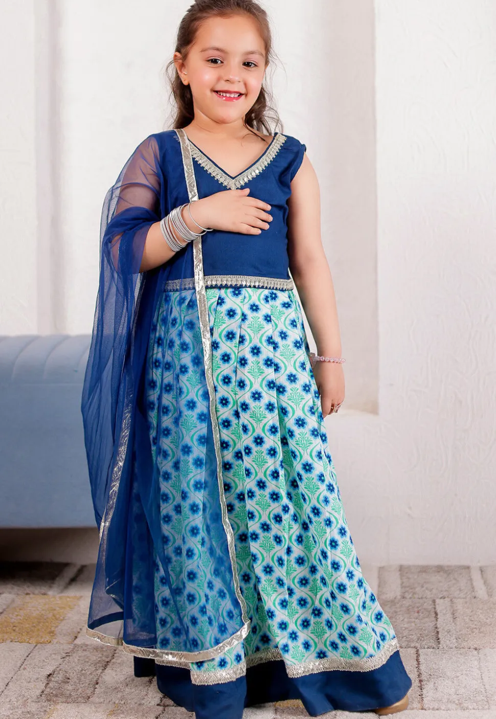 Printed Cotton Lehenga in Off White