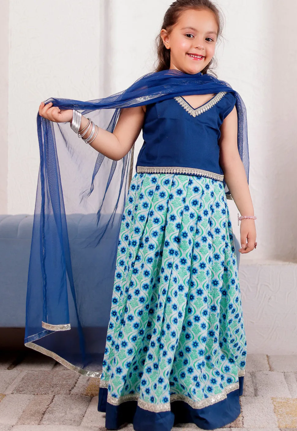 Printed Cotton Lehenga in Off White