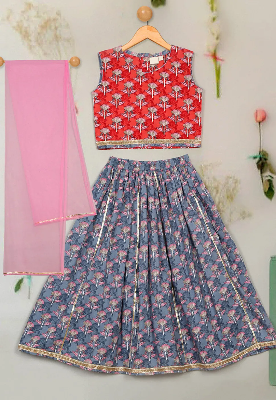 Printed Cotton Lehenga in Grey
