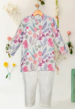 Printed Cotton Linen Kurta Set in Off White