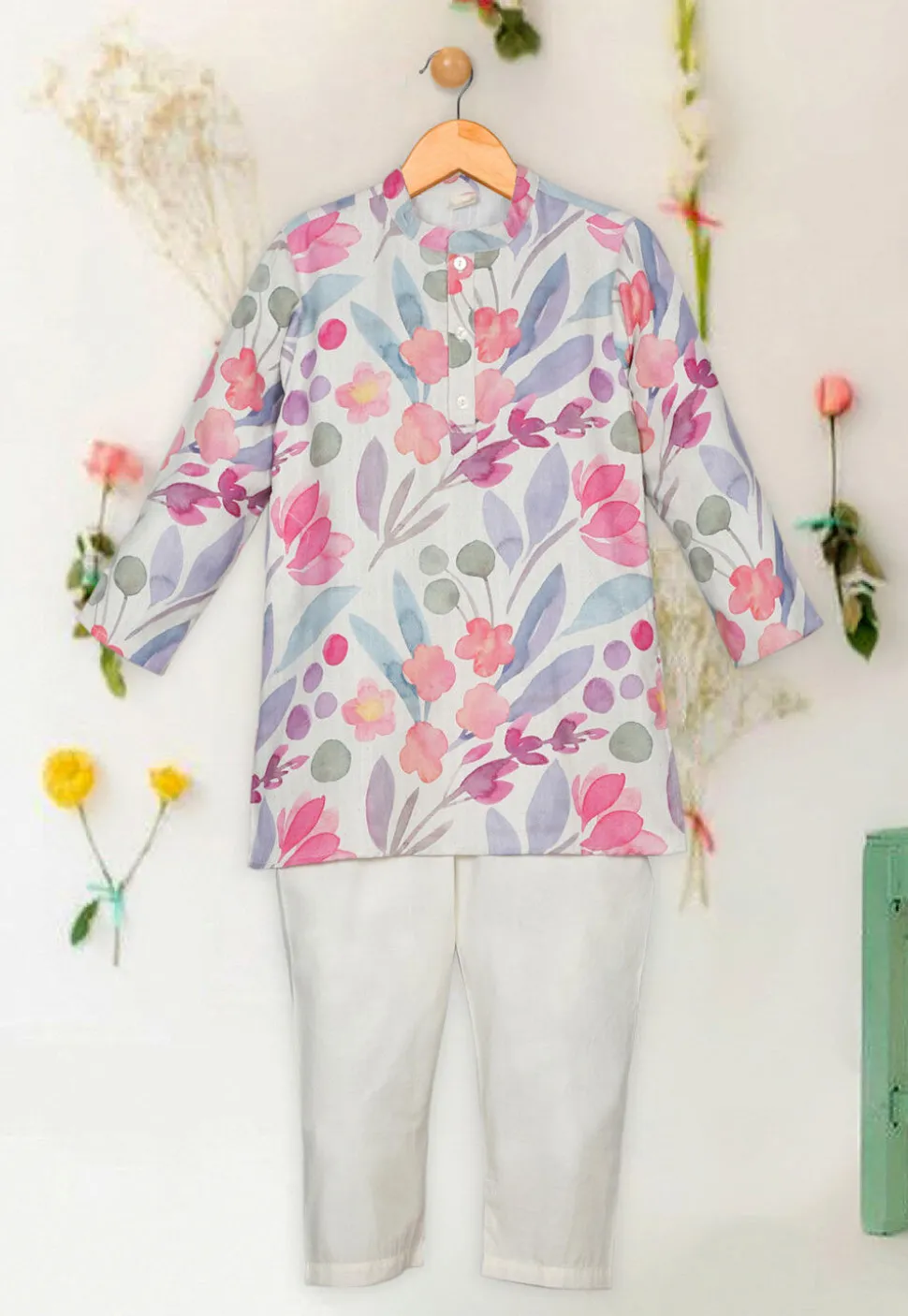 Printed Cotton Linen Kurta Set in Off White