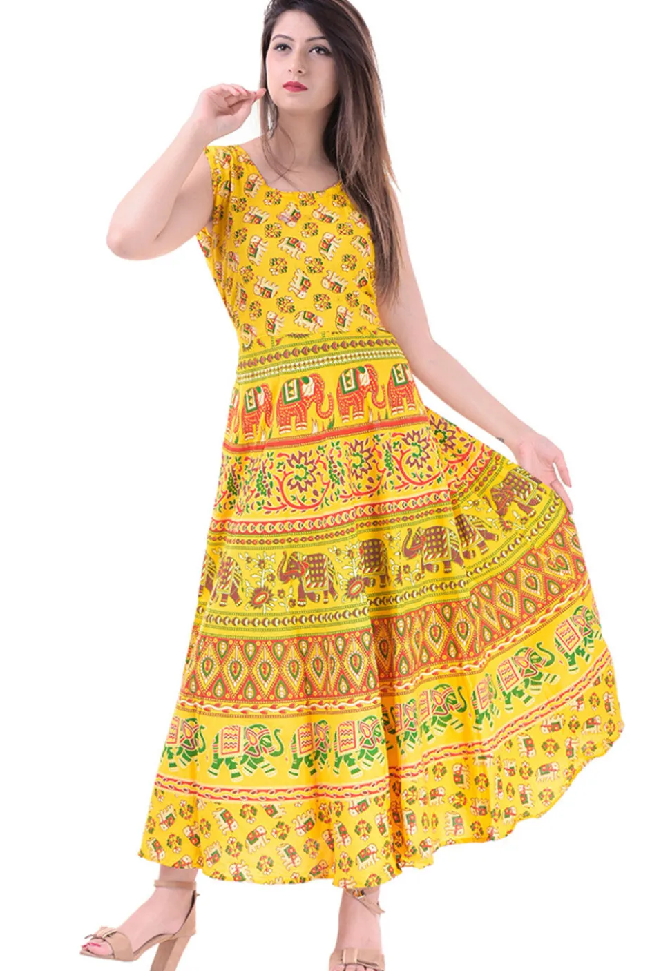 Printed Cotton Long Kurta in Yellow