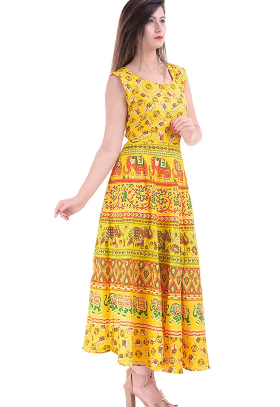 Printed Cotton Long Kurta in Yellow