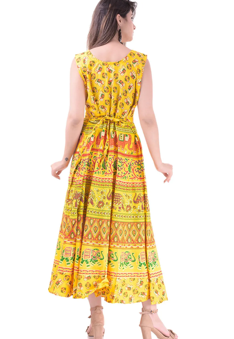 Printed Cotton Long Kurta in Yellow