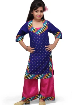 Printed Cotton Long Kurta with Palazzo in Navy Blue