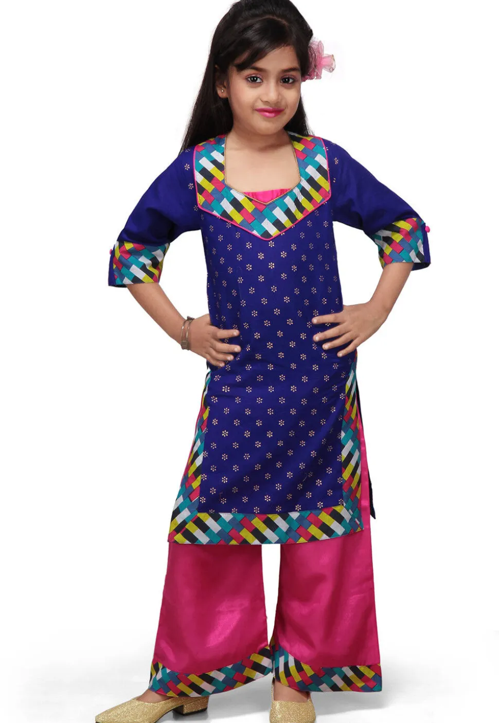 Printed Cotton Long Kurta with Palazzo in Navy Blue