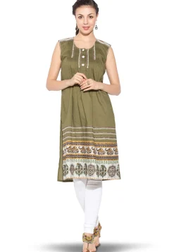 Printed Cotton Long Kurta in Olive Green