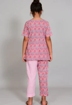 Printed Cotton Long Top Set in Grey and Pink
