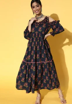 Printed Cotton Maxi Dress in Navy Blue
